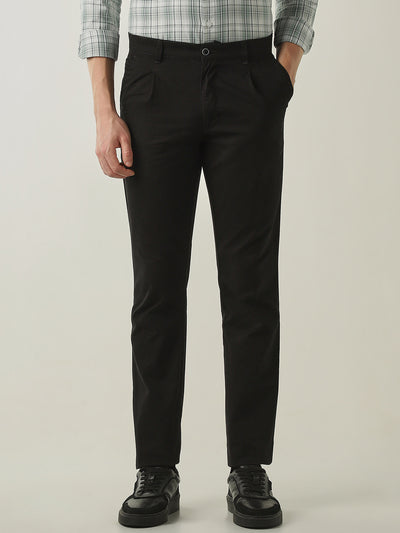 Men's Solid Pure Cotton Solid Regular Fit Casual Trousers - Black