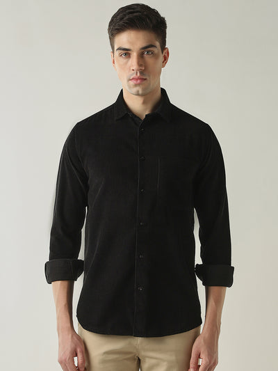 Men's Pure Cotton Corduroy Solid Slim Fit Full Sleeve Formal Shirt - Black