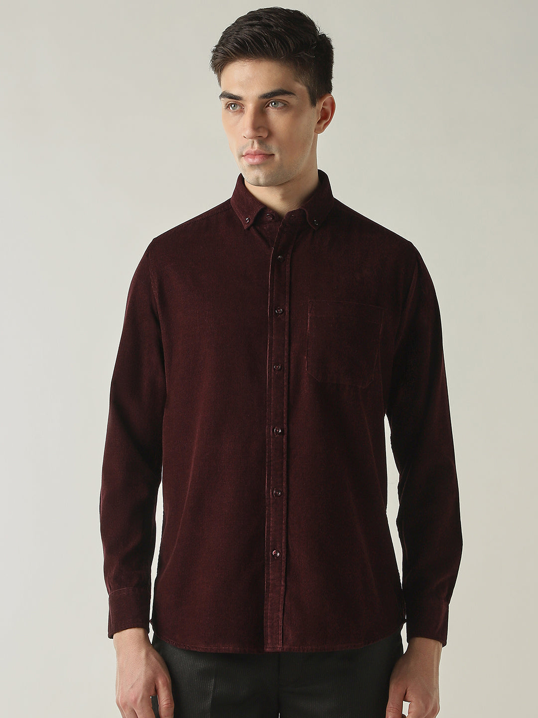 Men's Pure Cotton Corduroy Solid Slim Fit Full Sleeve Formal Shirt - Maroon