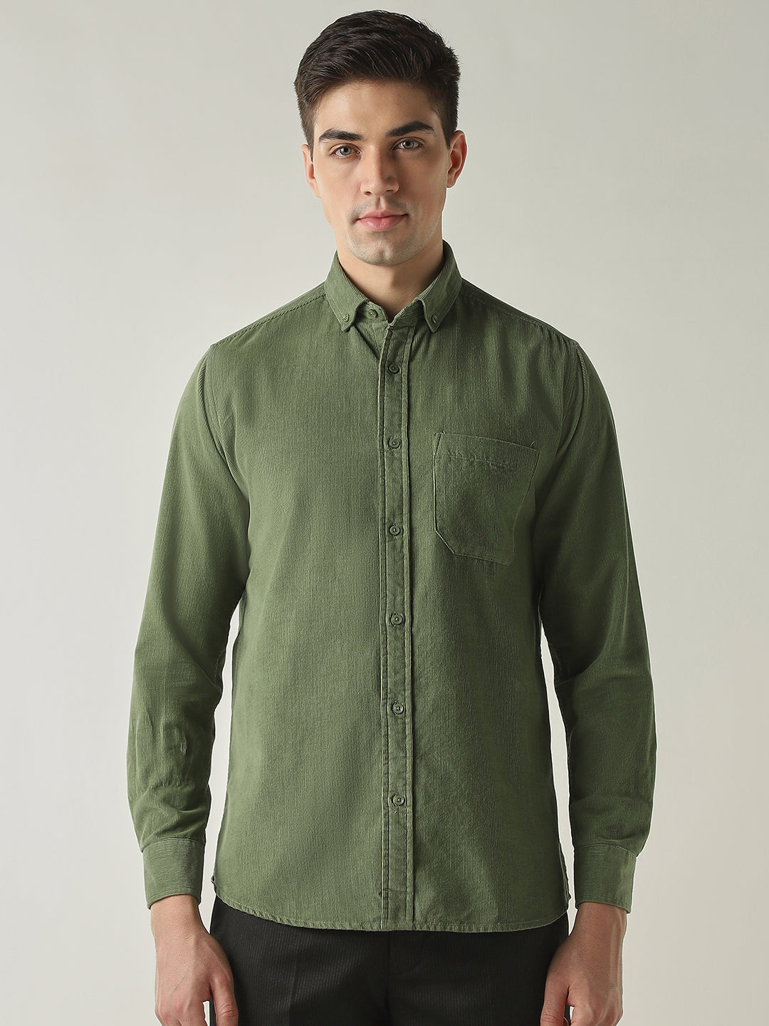 Men's Pure Cotton Corduroy Solid Slim Fit Full Sleeve Formal Shirt - Sage Green