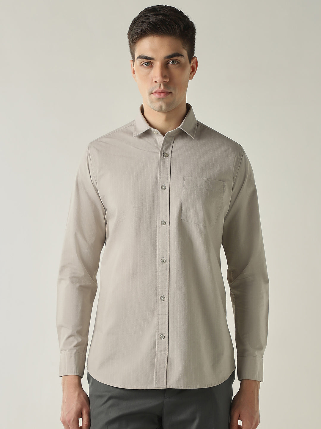 Men's Cotton Lycra Dobby Solid Slim Fit Full Sleeve Formal Shirt - Grey