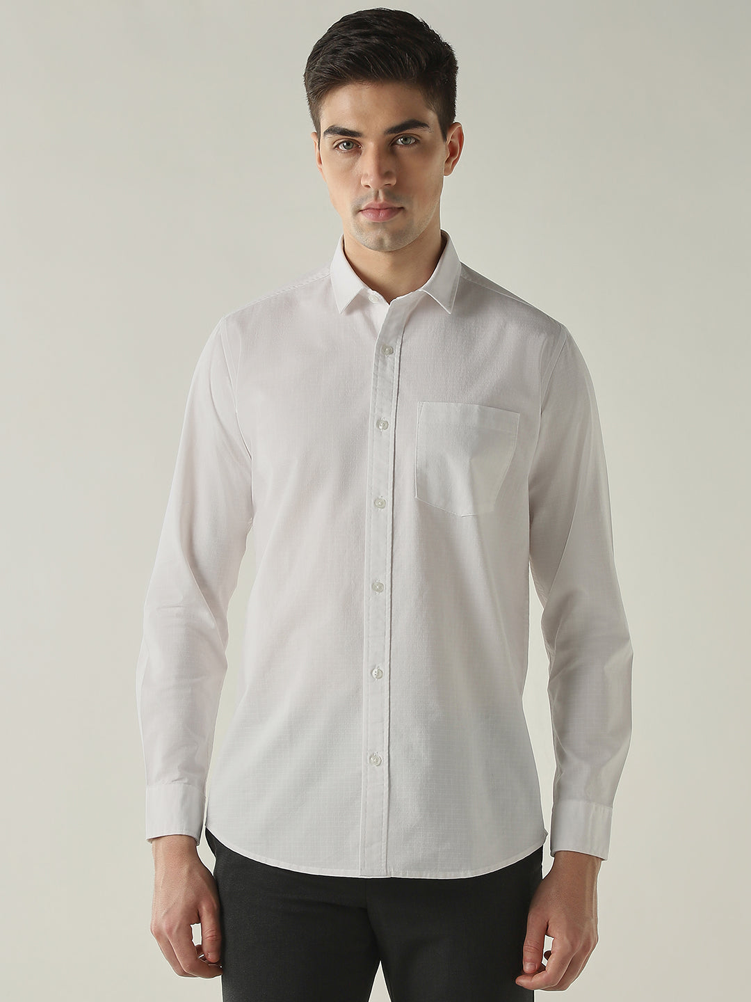 Men's Cotton Lycra Dobby Solid Slim Fit Full Sleeve Formal Shirt - White
