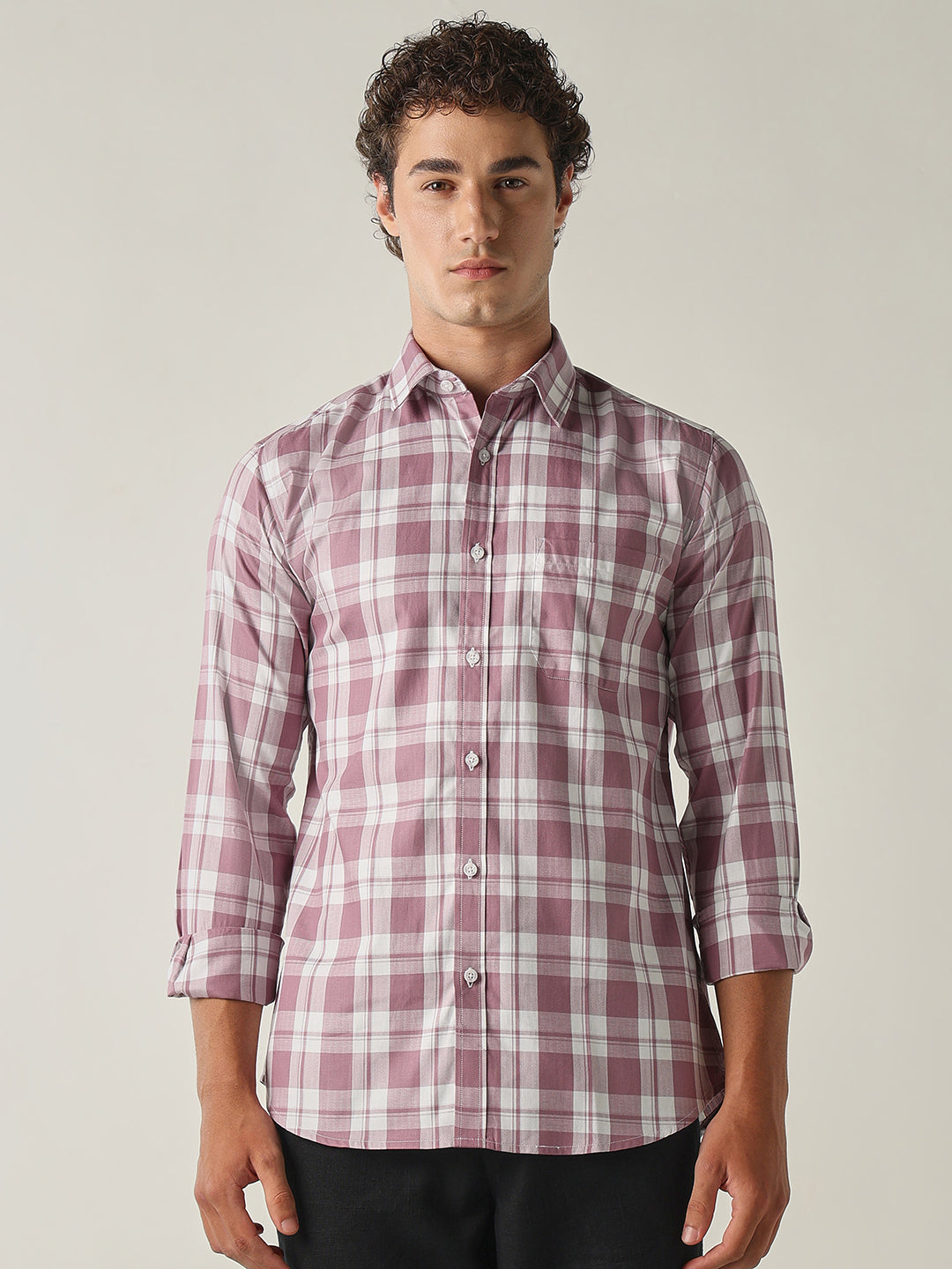 Men's Pure Cotton Checks Slim Fit Full Sleeve Casual Shirt - Pink