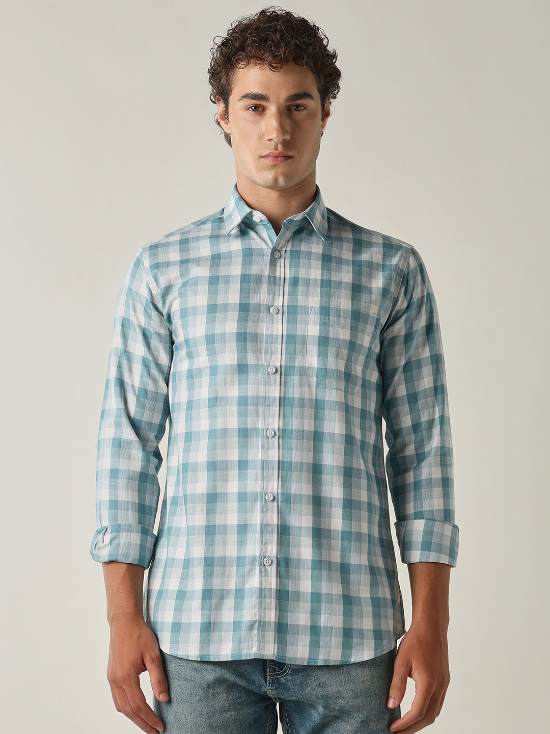 Men's Pure Cotton Checks Slim Fit Full Sleeve Casual Shirt - Green