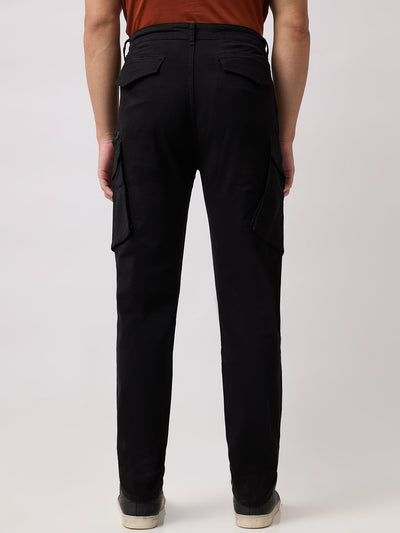 Men's Solid Cotton Stretch Regular Fit Casual Trousers - Black
