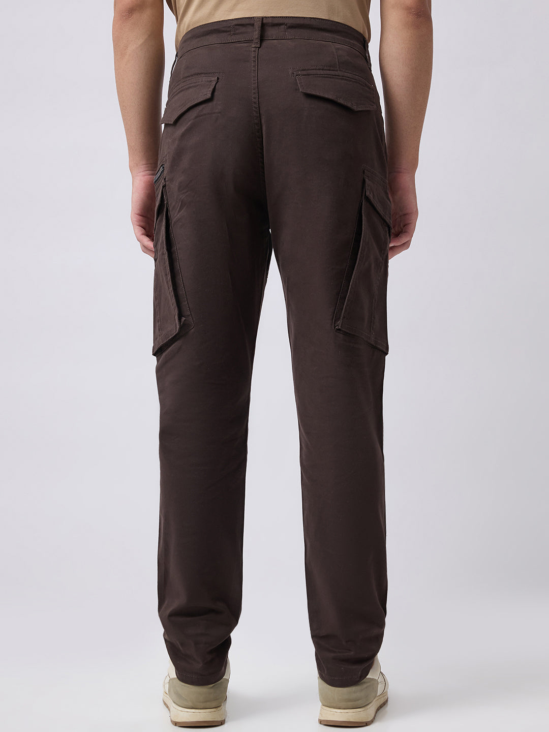Men's Solid Cotton Stretch Regular Fit Casual Trousers - Brown