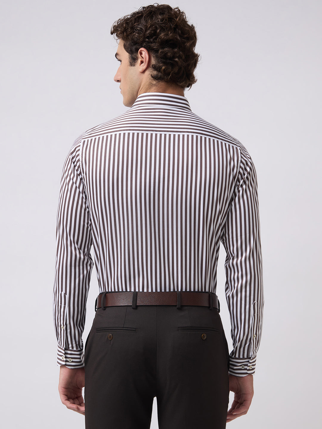 Men's Pure Cotton Satin Stripes Slim Fit Full Sleeve Formal Shirt - Brown