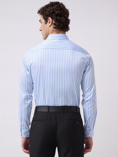 Men's Pure Cotton Stripes Slim Fit Full Sleeve Formal Shirt - Sky Blue