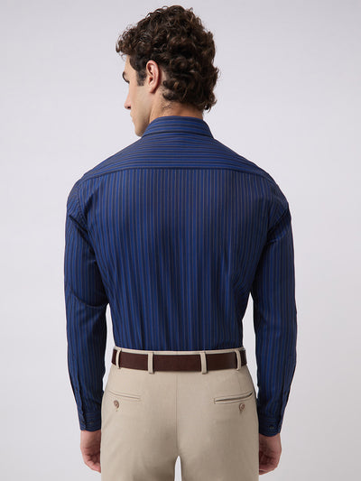 Men's Pure Cotton Stripes Slim Fit Full Sleeve Formal Shirt - Navy