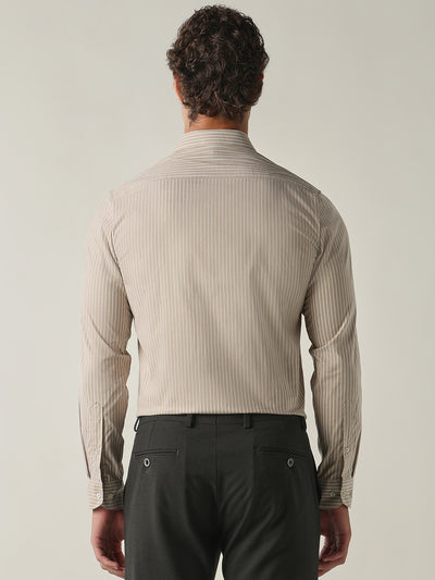 Men's Pure Cotton Stripes Slim Fit Full Sleeve Formal Shirt - Beige