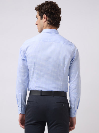 Men's Pure Cotton Checks Slim Fit Full Sleeve Formal Shirt - Sky Blue