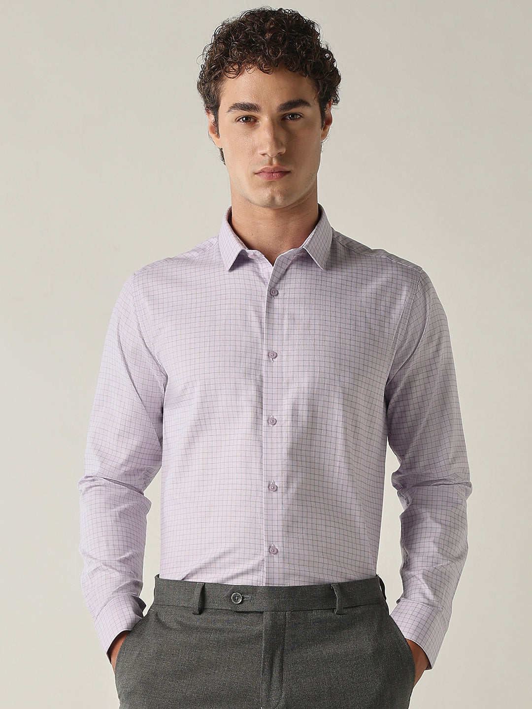 Men's Pure Cotton Checks Slim Fit Full Sleeve Formal Shirt - Purple