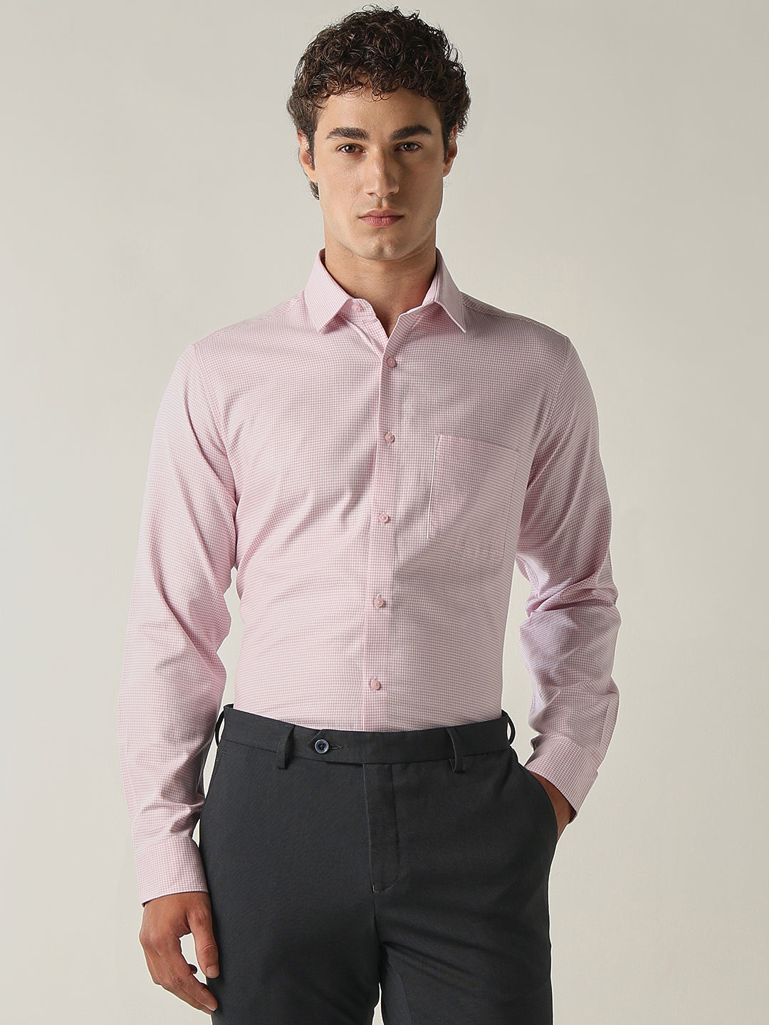 Men's Pure Cotton Dobby Solid Slim Fit Full Sleeve Formal Shirt - Pink