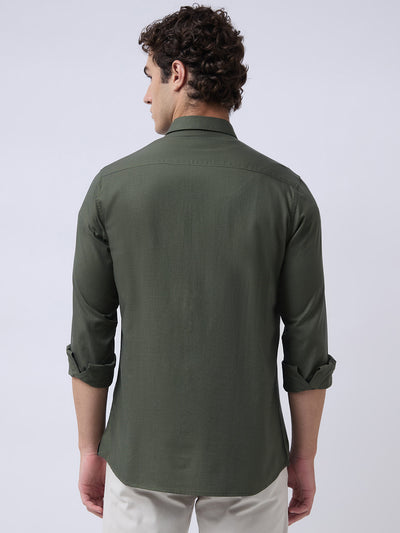 Men's Pure Cotton Dobby Solid Slim Fit Full Sleeve Casual Shirt - Green