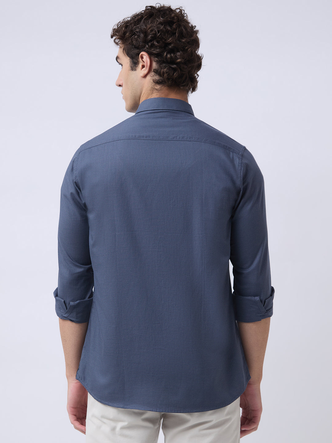 Men's Pure Cotton Dobby Solid Slim Fit Full Sleeve Casual Shirt - Navy