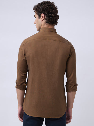 Men's Pure Cotton Dobby Solid Slim Fit Full Sleeve Casual Shirt - Orange