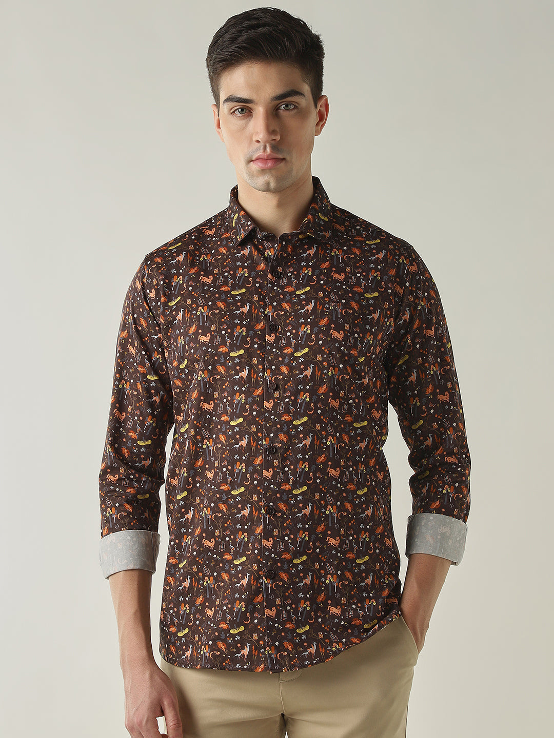 Men's Pure Cotton Printed Slim Fit Full Sleeve Casual Shirt - Brown
