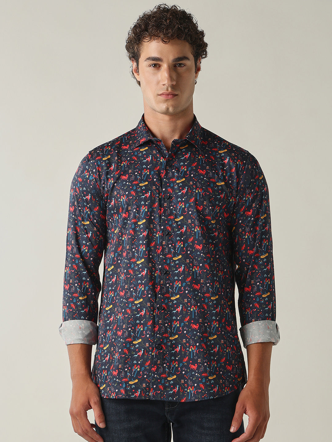 Men's Pure Cotton Printed Slim Fit Full Sleeve Casual Shirt - Navy