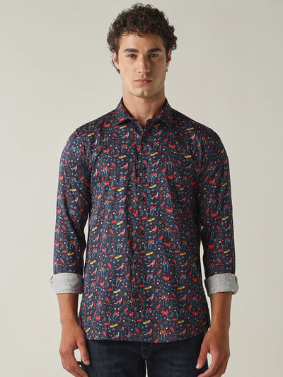 Men's Pure Cotton Printed Slim Fit Full Sleeve Casual Shirt - Navy