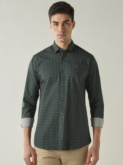 Men's Pure Cotton Printed Slim Fit Full Sleeve Casual Shirt - Green