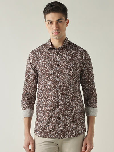 Men's Pure Cotton Printed Slim Fit Full Sleeve Casual Shirt - Brown