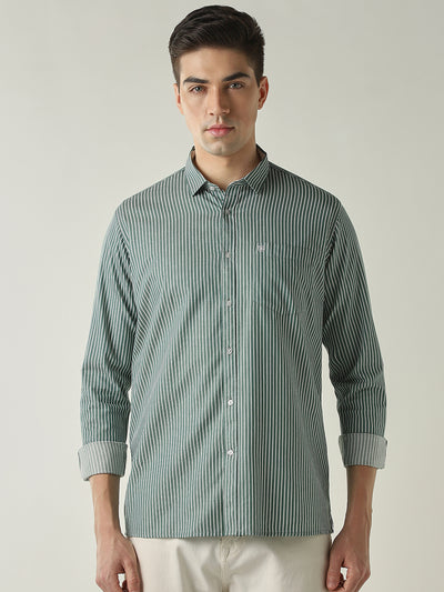 Men's Pure Cotton Stripes Regular Fit Full Sleeve Casual Shirt - Green