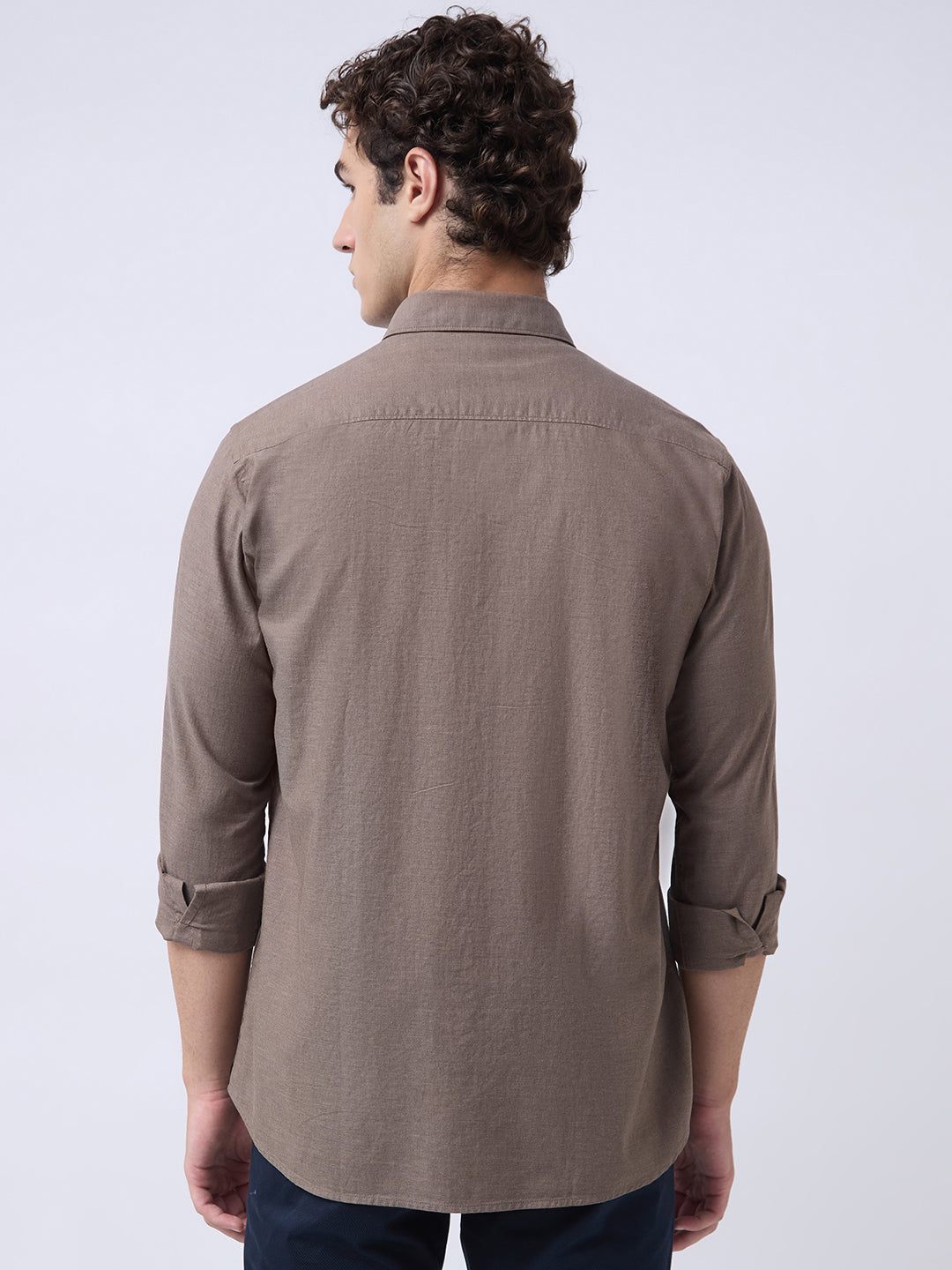 Men's Pure Cotton Melange Solid Regular Fit Full Sleeve Casual Shirt - Brown