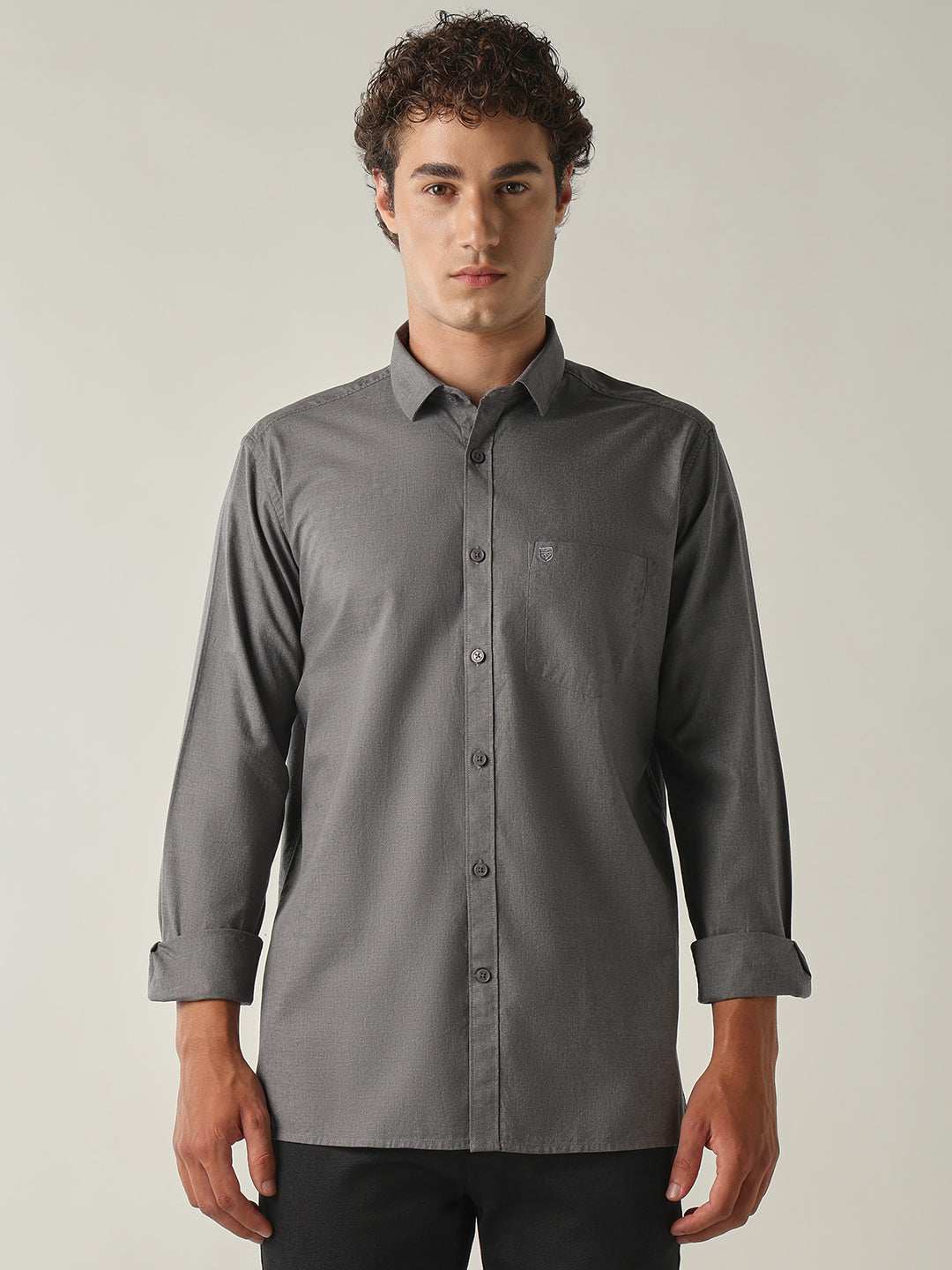 Men's Pure Cotton Melange Solid Regular Fit Full Sleeve Casual Shirt - Grey