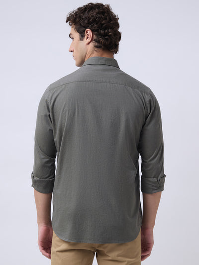 Men's Pure Cotton Melange Solid Regular Fit Full Sleeve Casual Shirt - Olive