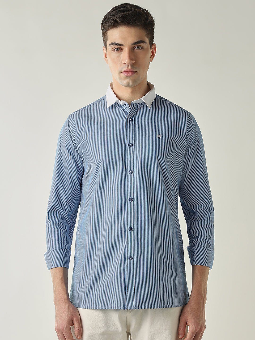 Men's Pure Cotton Stripes Slim Fit Full Sleeve Casual Shirt - Blue