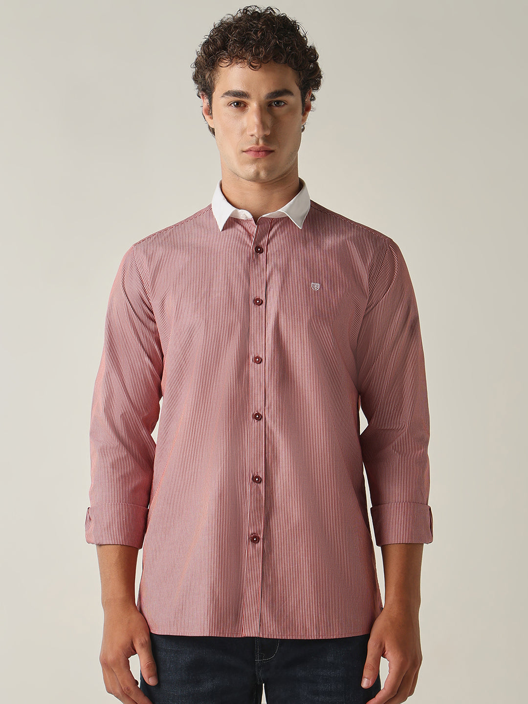 Men's Pure Cotton Stripes Slim Fit Full Sleeve Casual Shirt - Red