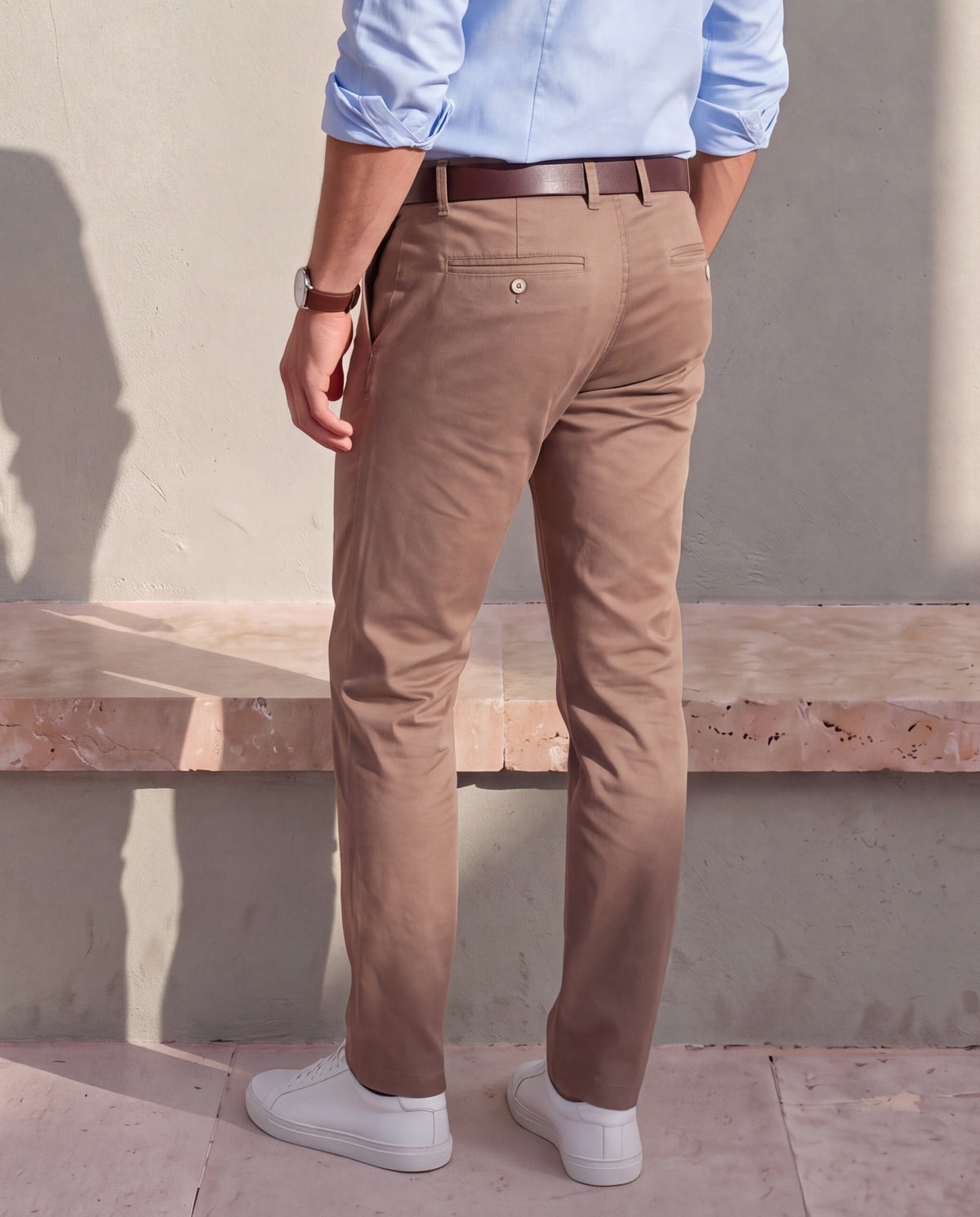 Men's Solid Cotton Stretch Regular Fit Casual Trousers-Beige