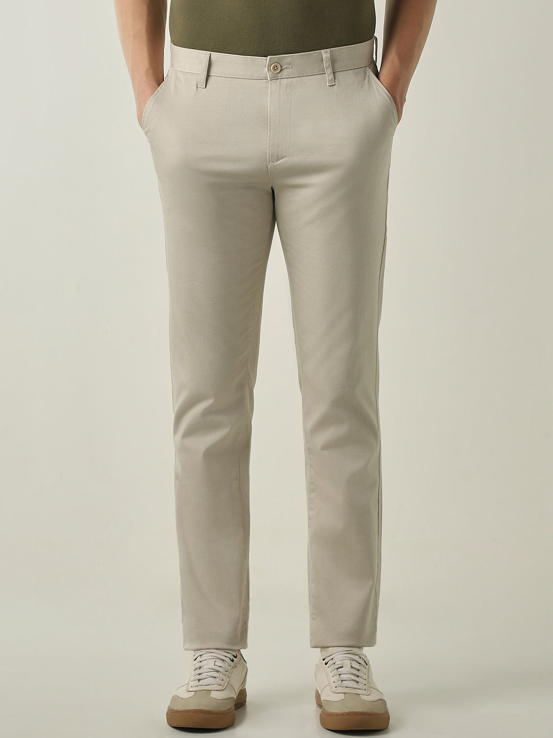 Men's Solid Cotton Lycra Solid Regular Fit Casual Trousers - Beige