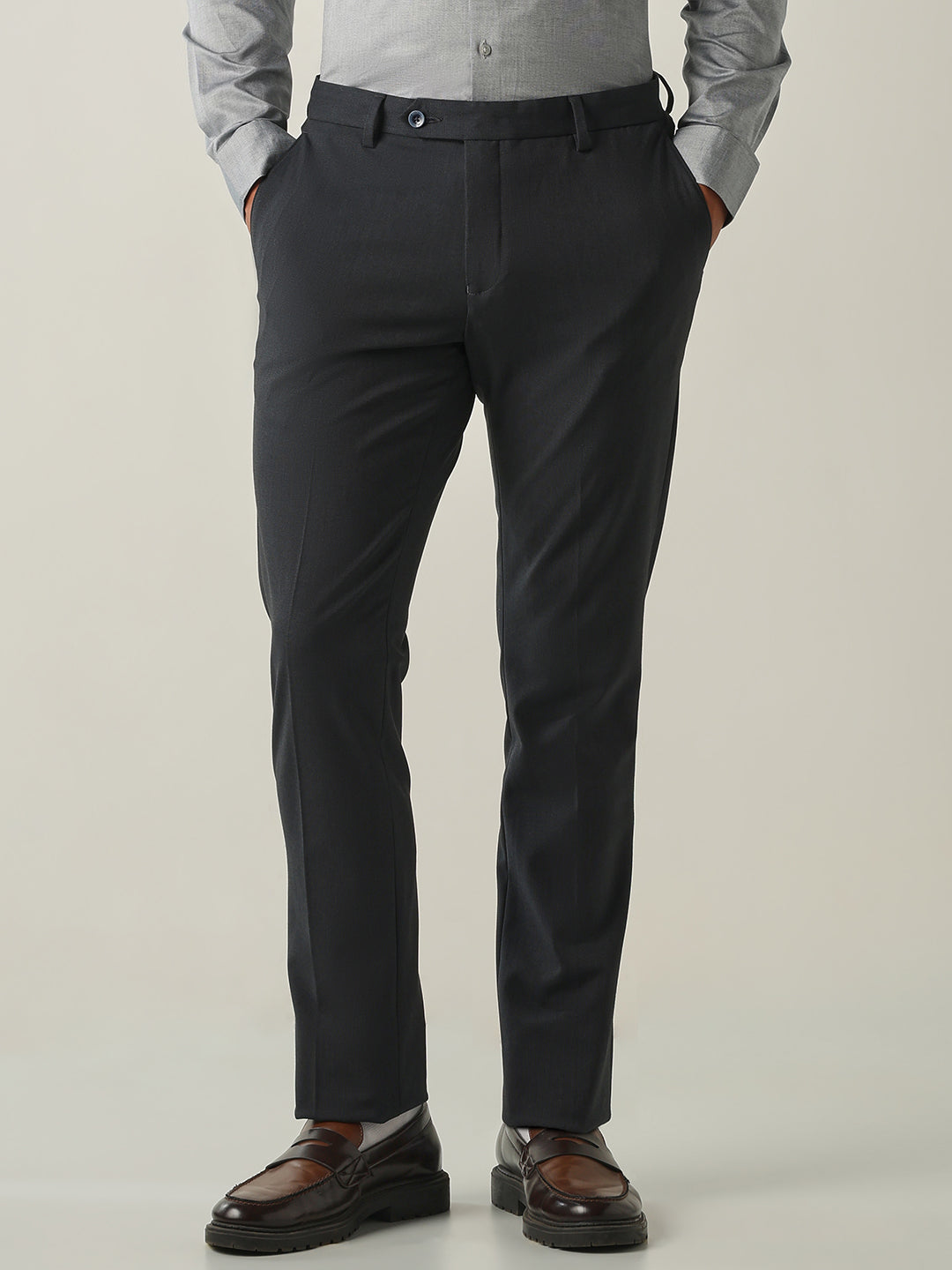 Men's Solid Poly Viscose Elastane Regular Fit Formal Trousers - Navy