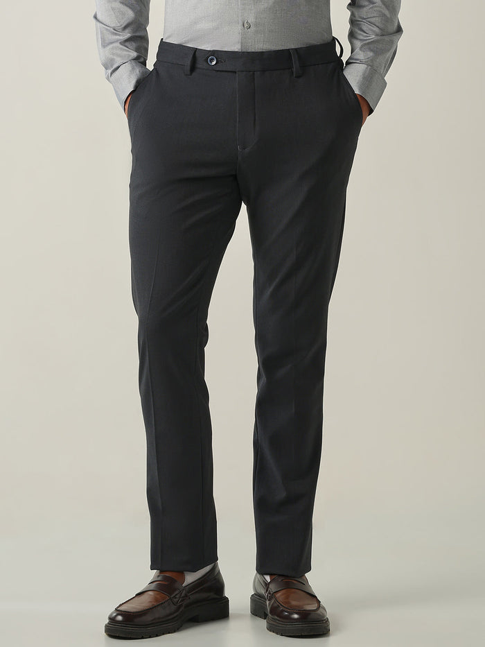 Men's Solid Poly Viscose Elastane Regular Fit Formal Trousers - Navy