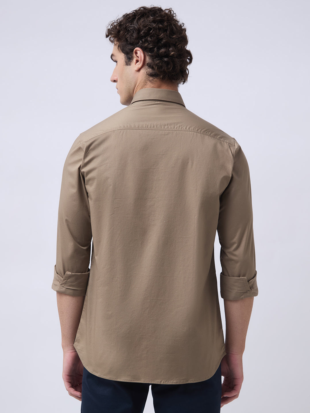 Men's Cotton Stretch Solid Slim Fit Full Sleeve Casual Shirt - Khaki