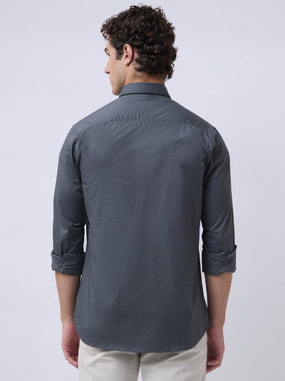 Men's Cotton Stretch Solid Slim Fit Full Sleeve Casual Shirt - Steel Grey