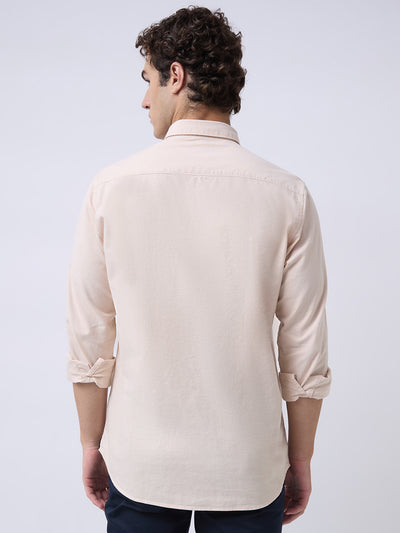 Men's Pure Cotton Oxford Solid Slim Fit Full Sleeve Casual Shirt - Beige
