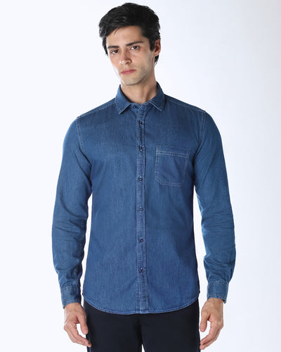 Dark Blue Denim 100% Cotton Slim Fit Casual Full Sleeve Shirt