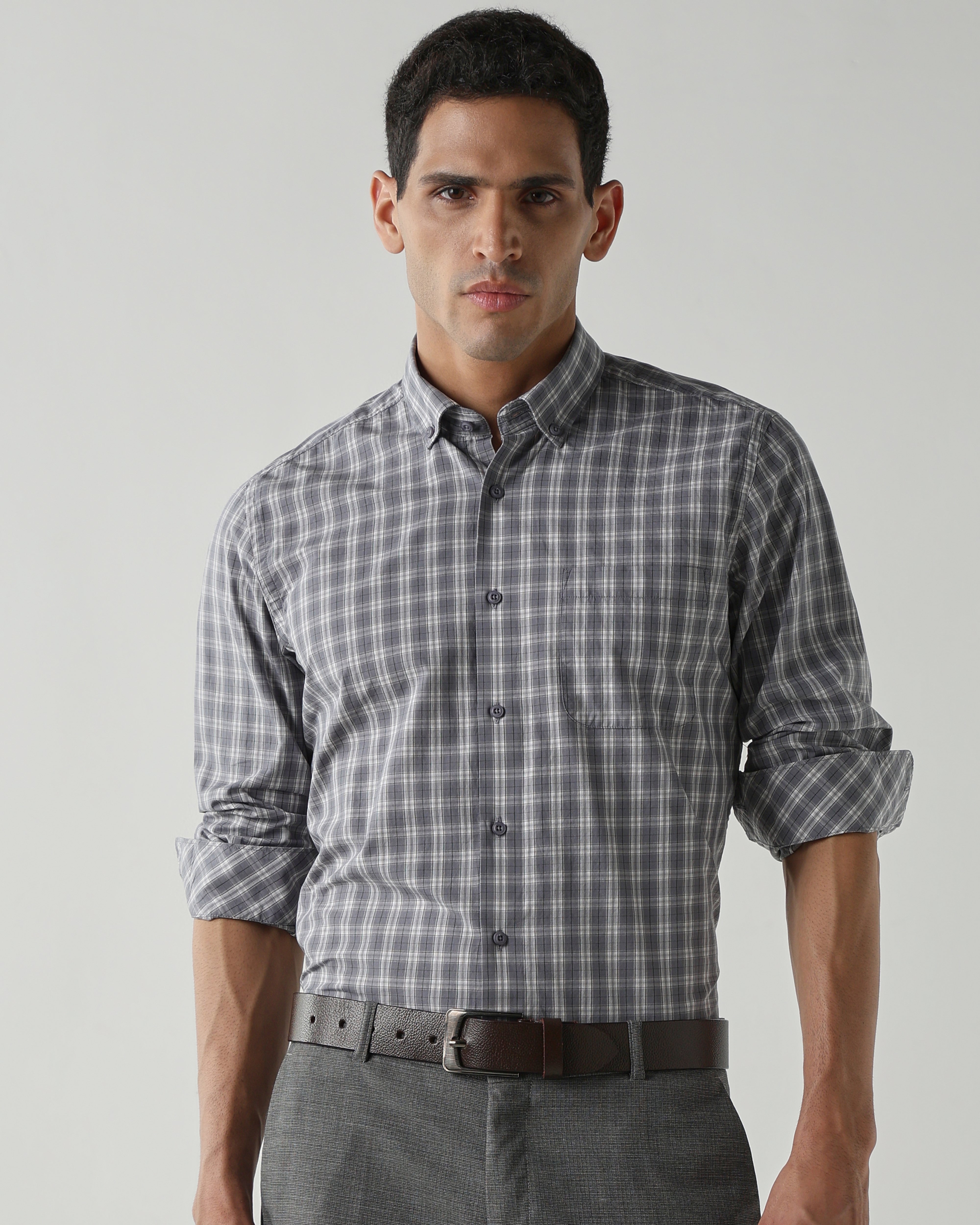 Grey/White Pure Cotton Shirts for Men | Slim Fit Luxury Wear