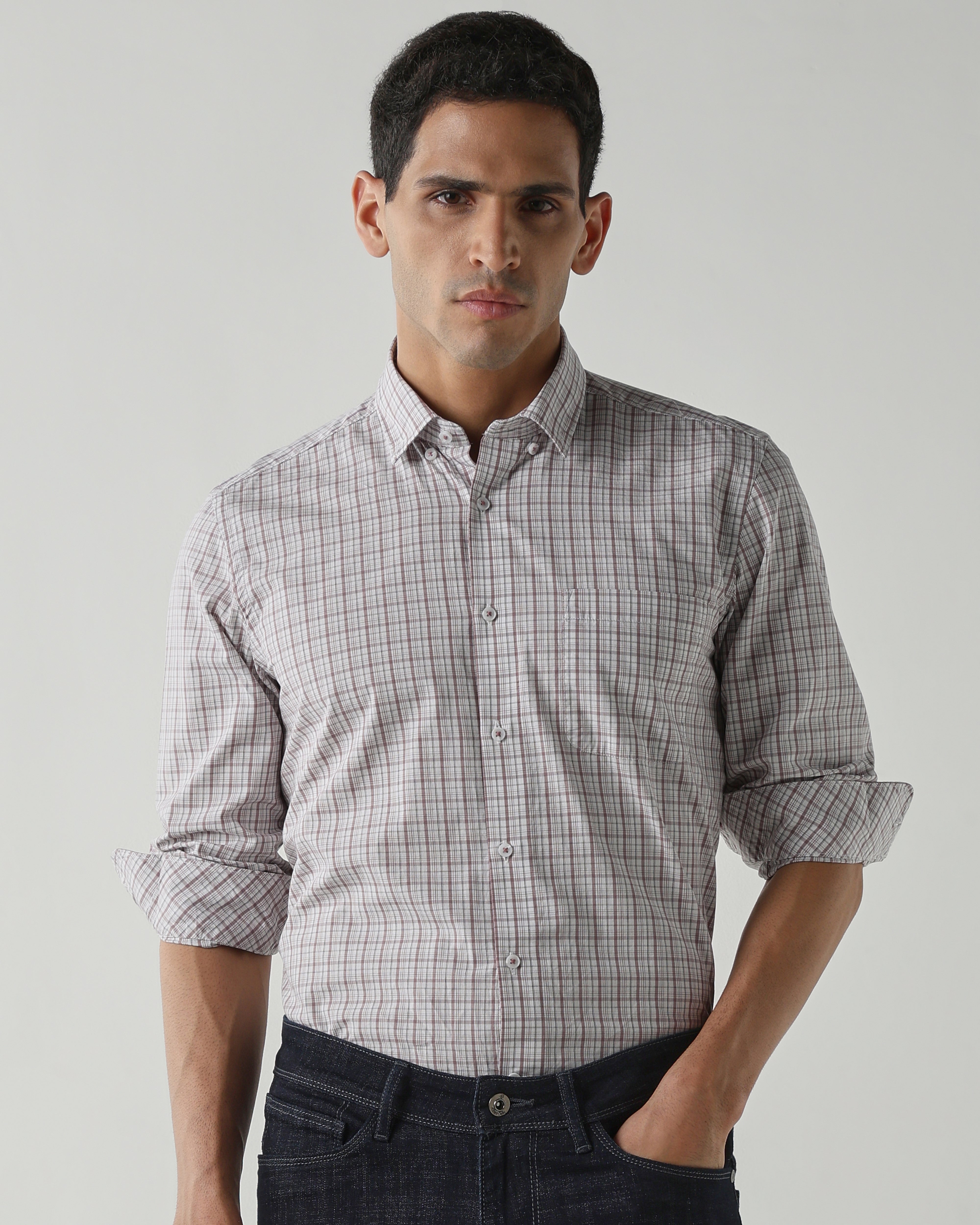 White/Lt Brown Pure Cotton Shirts for Men | Slim Fit Luxury Wear
