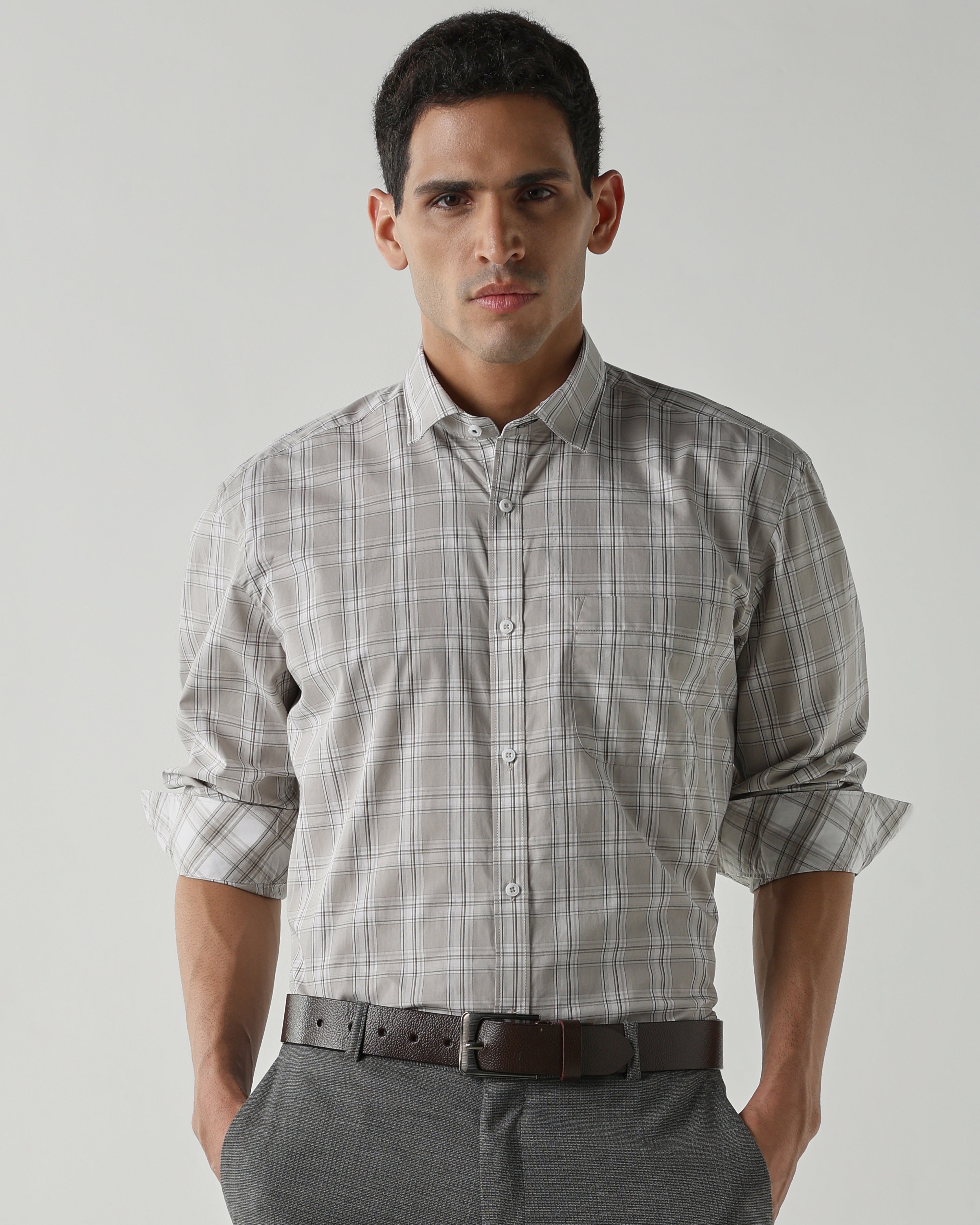 Beige/White Pure Cotton Shirts for Men | Regular Fit Luxury Wear
