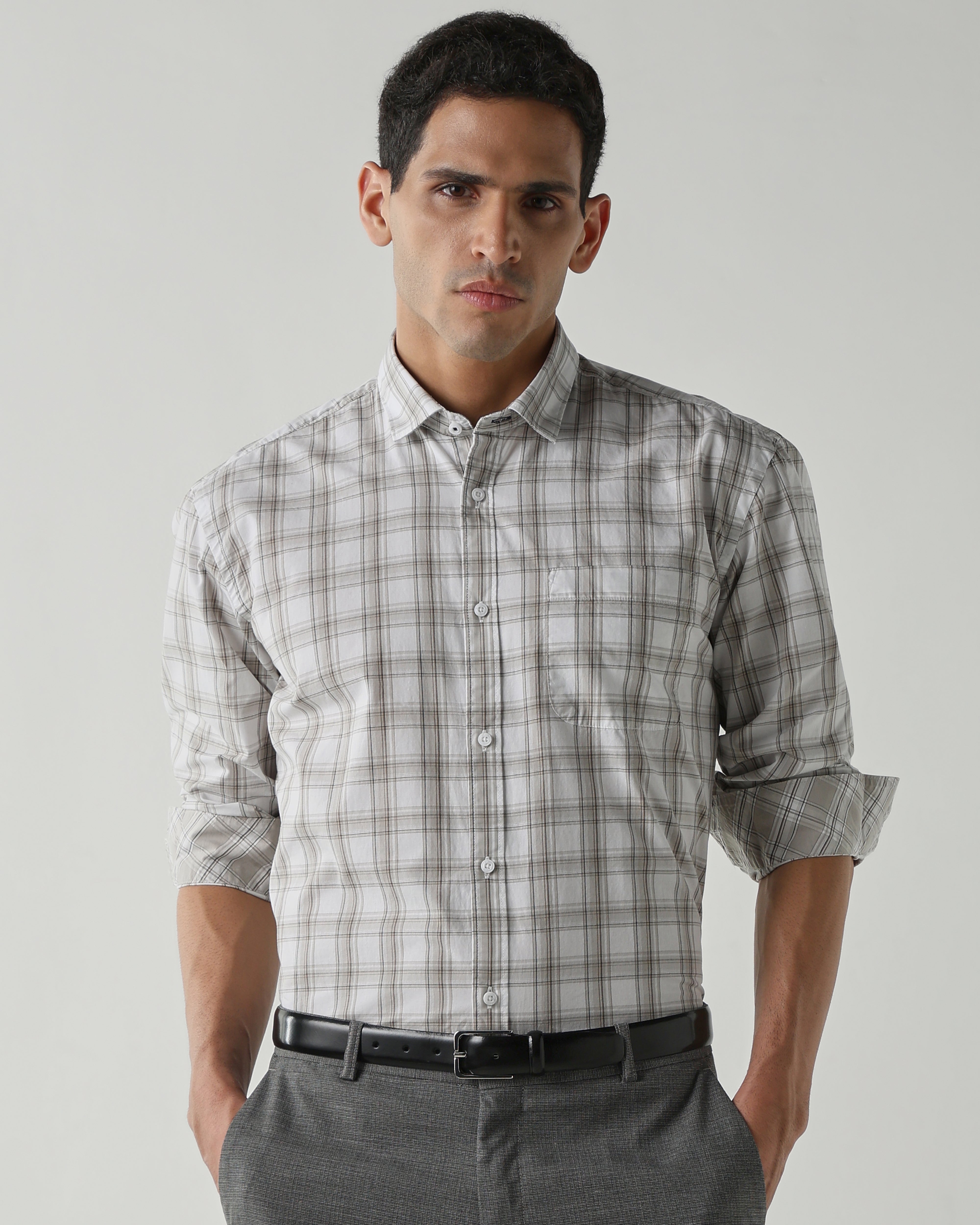 White/Beige Pure Cotton Shirts for Men | Regular Fit Luxury Wear