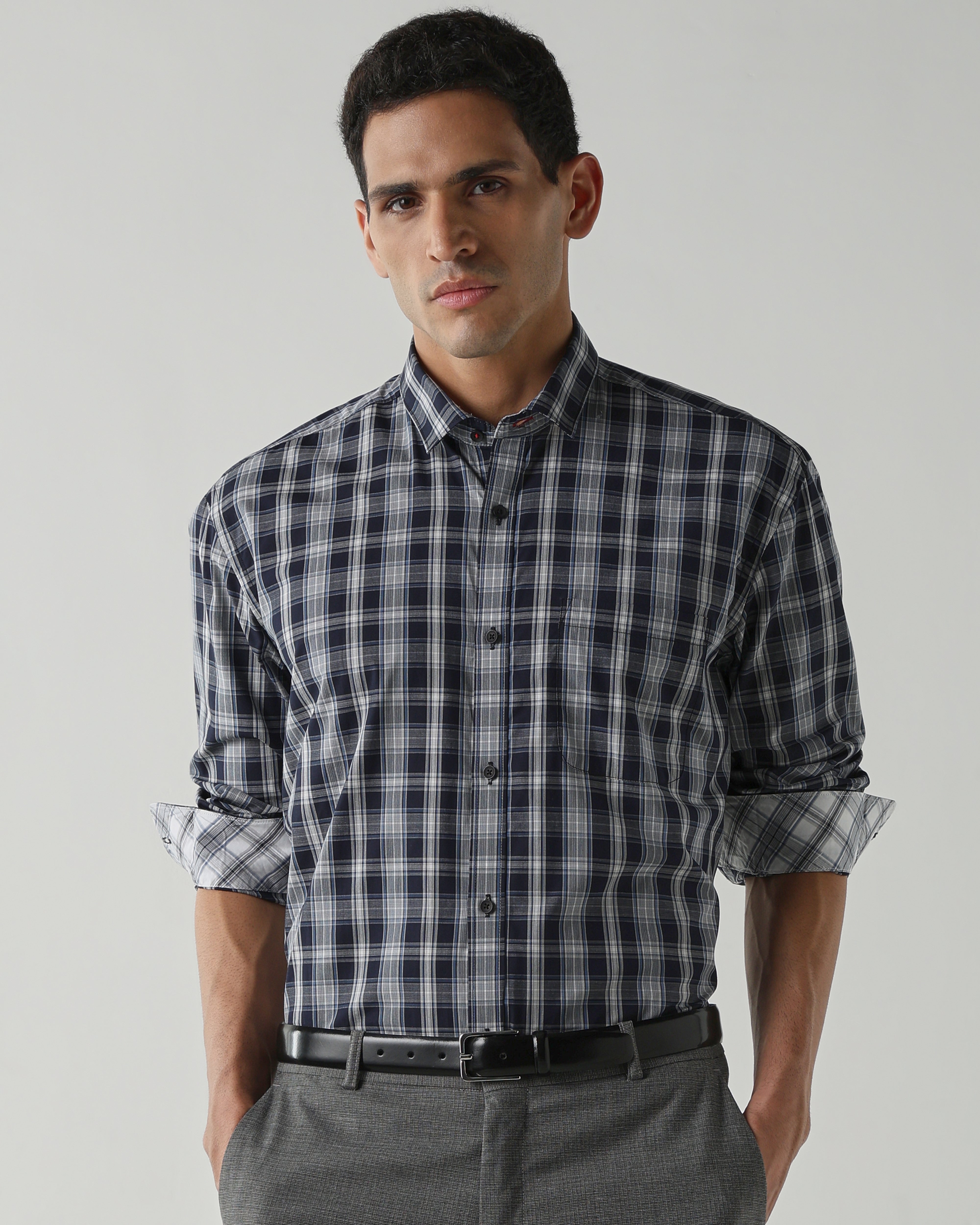 Navy/White Pure Cotton Shirts for Men | Regular Fit Luxury Wear