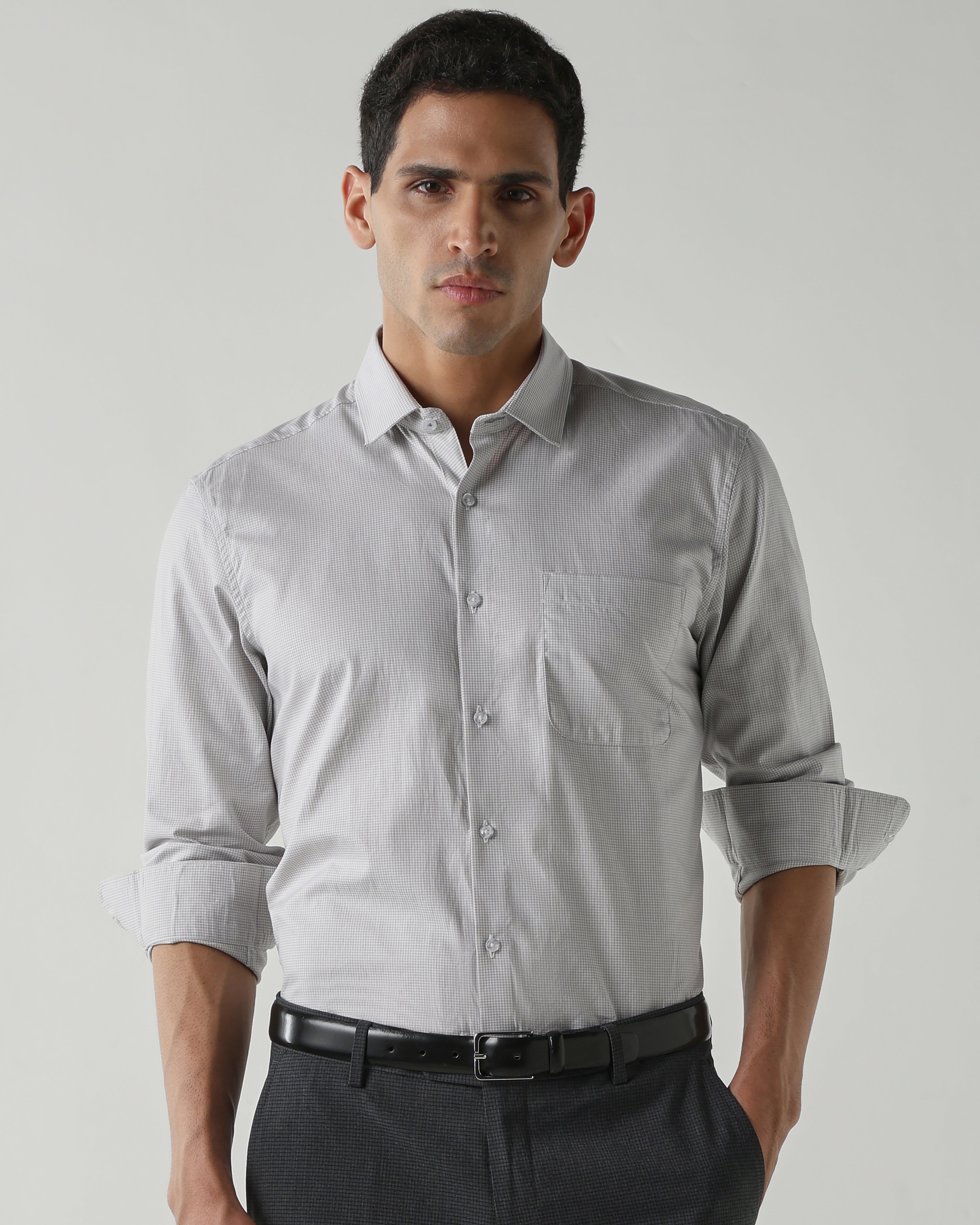 Lt Grey/White Pure Cotton Shirts for Men | Slim Fit Luxury Wear