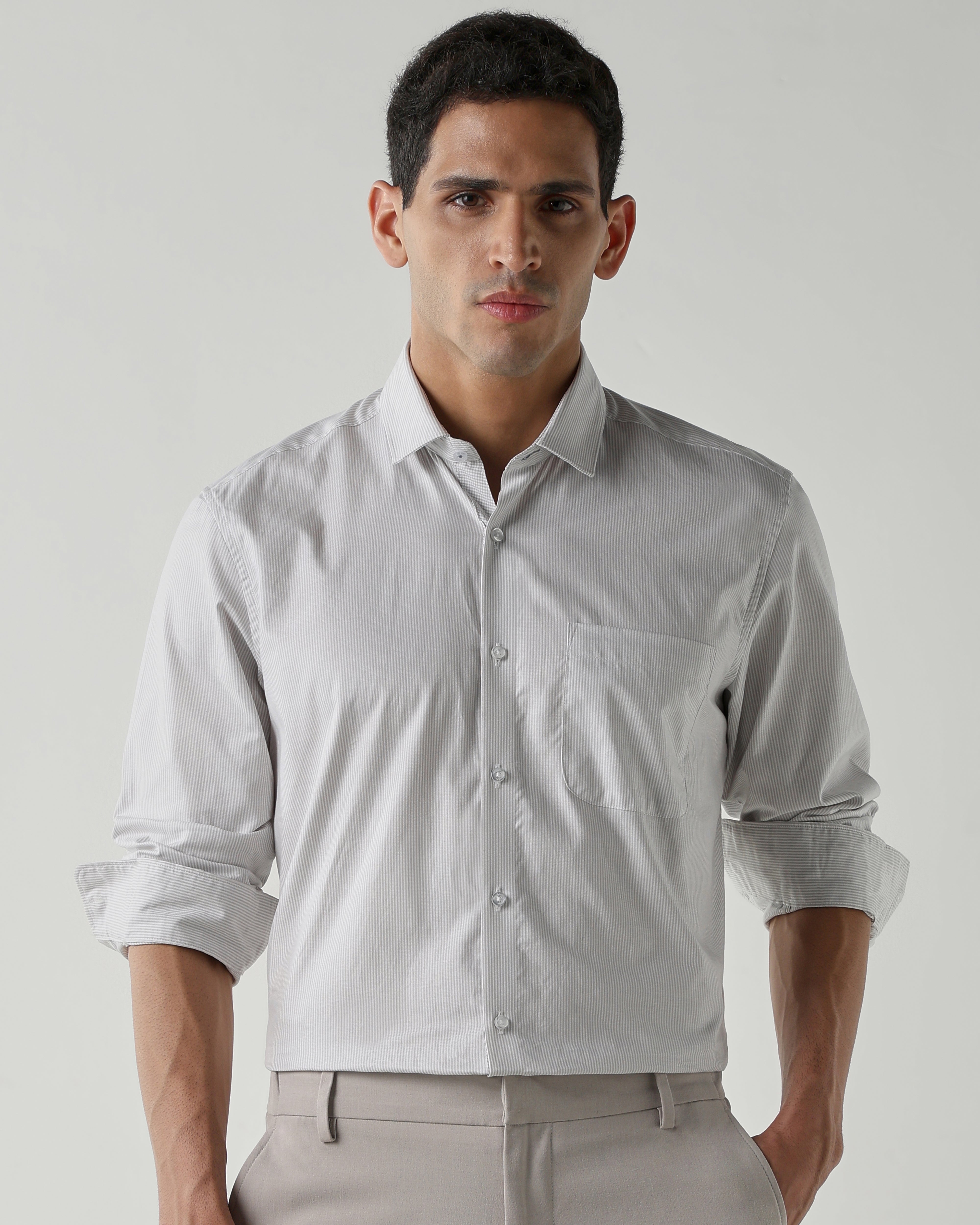 Lt Grey/White Pure Cotton Shirts for Men | Slim Fit Luxury Wear