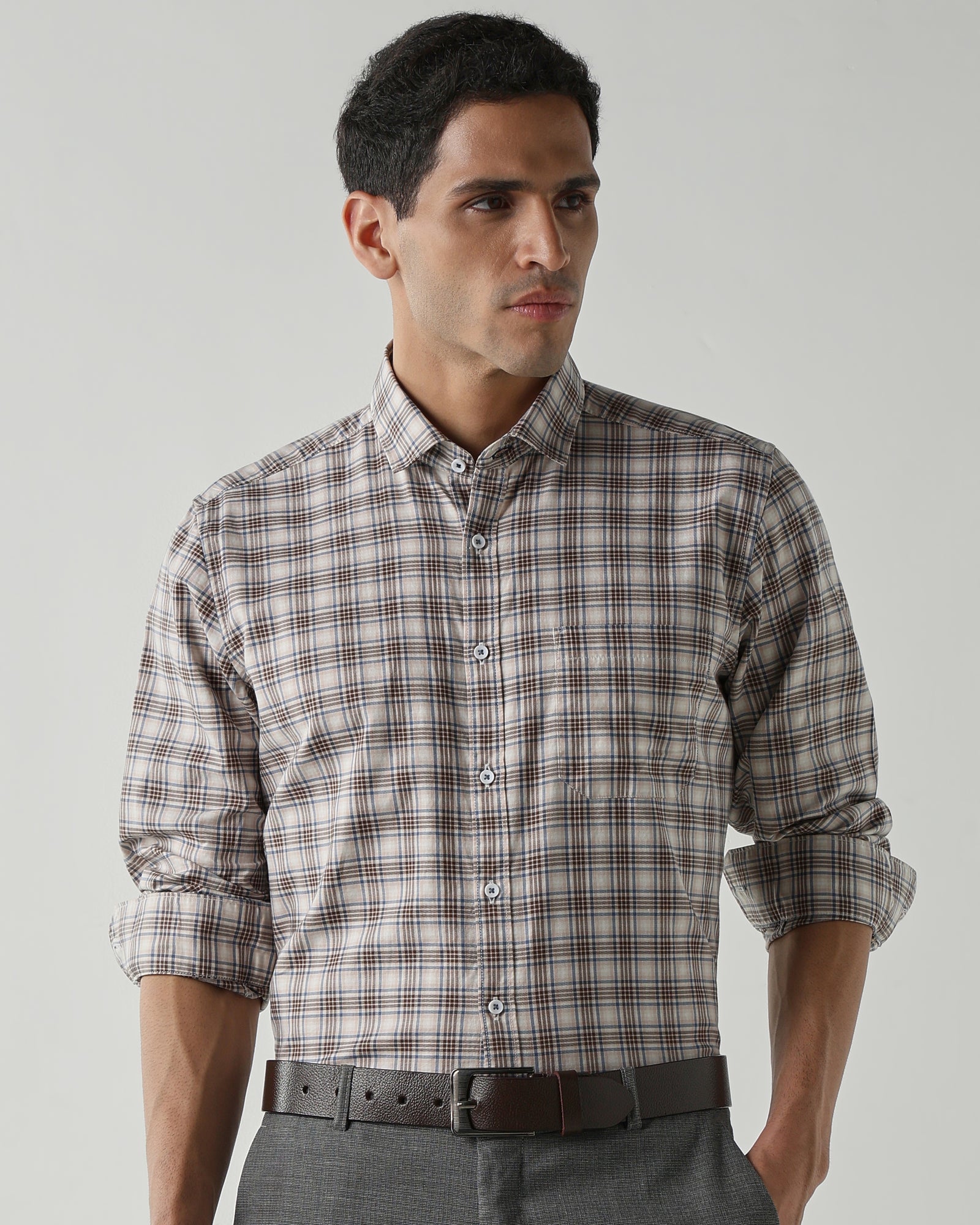 Brown/Blue Pure Cotton Shirts for Men | Slim Fit Luxury Wear