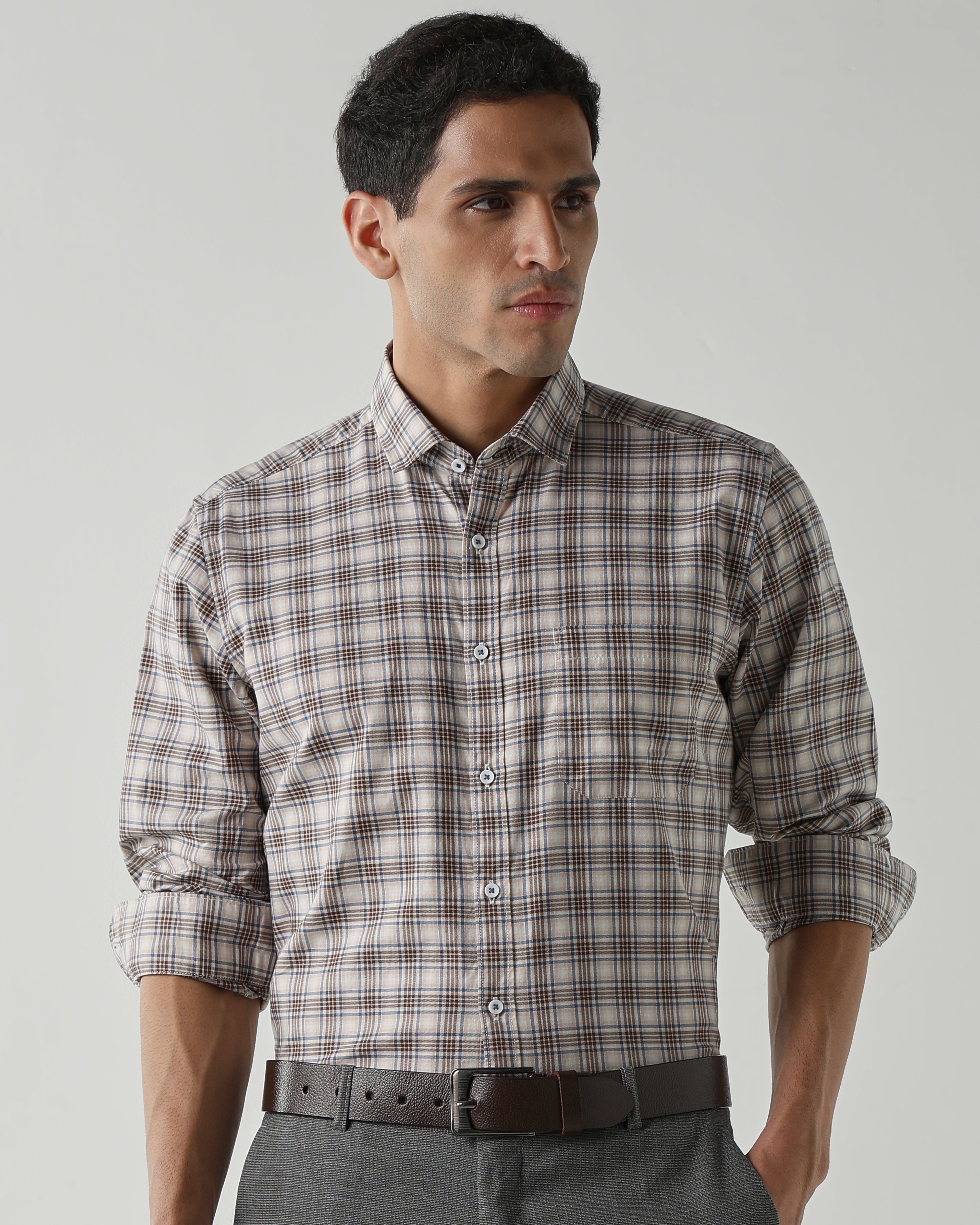 Brown/Blue Pure Cotton Shirts for Men | Slim Fit Luxury Wear