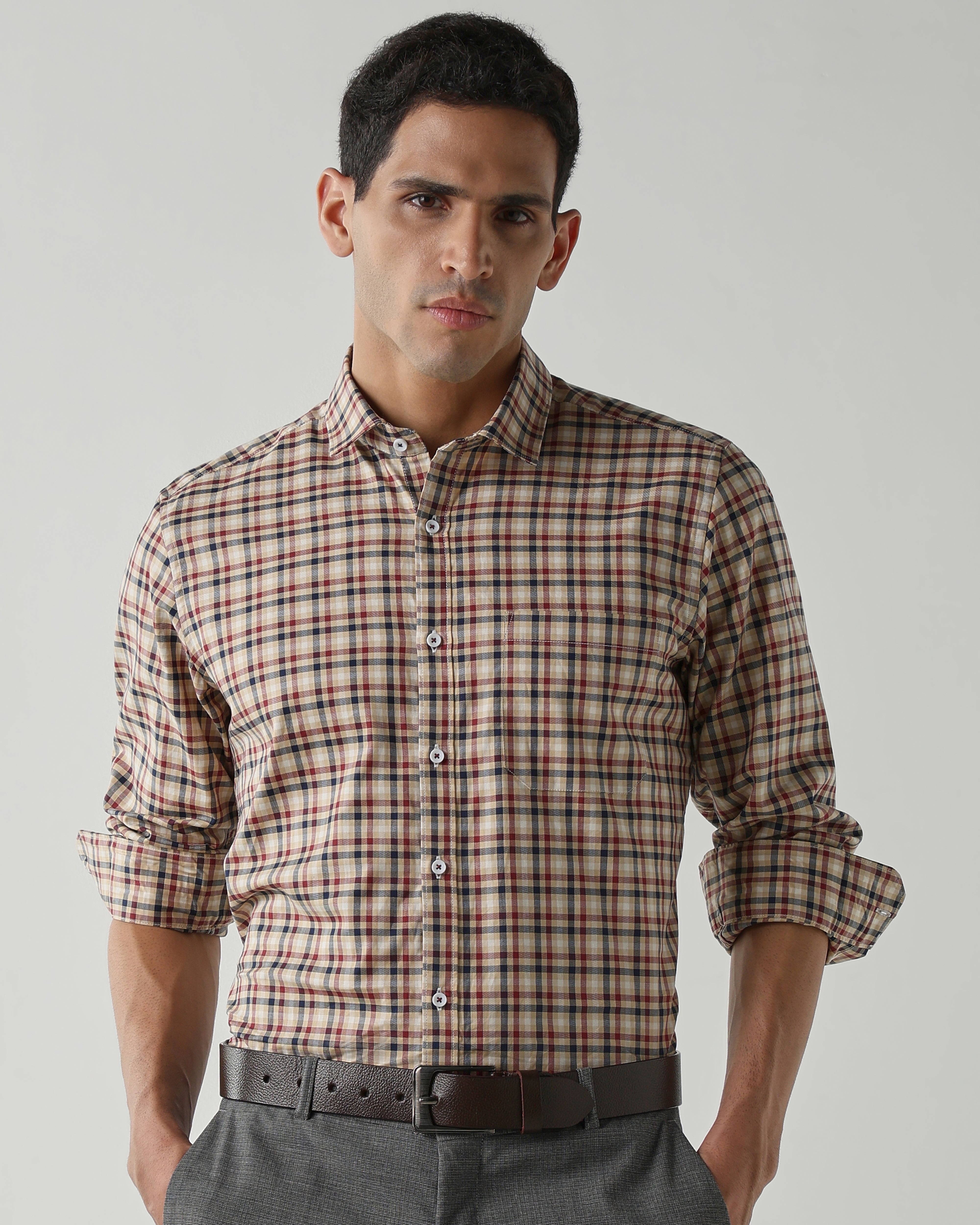 Red/Navy Pure Cotton Shirts for Men | Slim Fit Luxury Wear