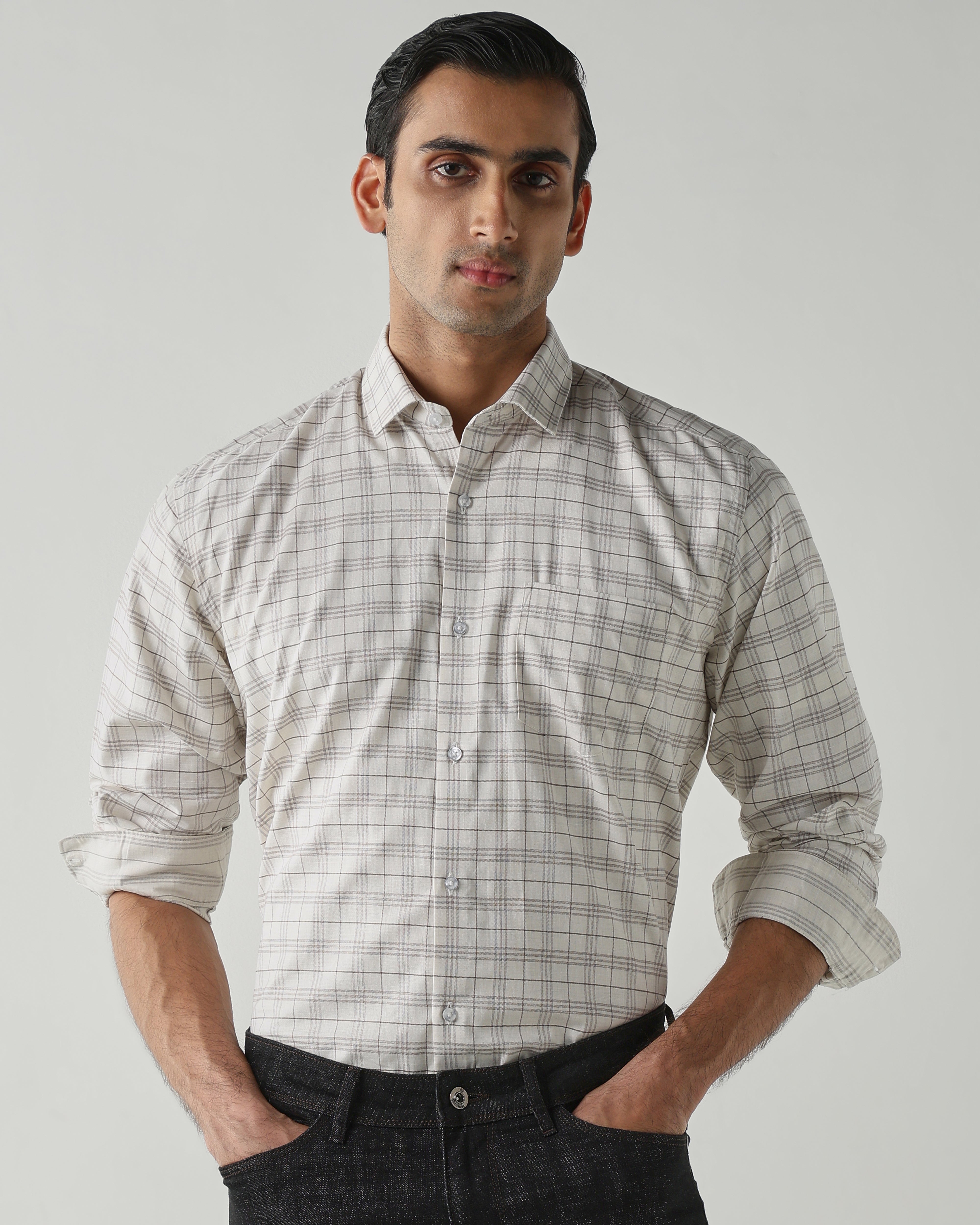 Off white/Brown Pure Cotton Shirts for Men | Regular Fit Luxury Wear
